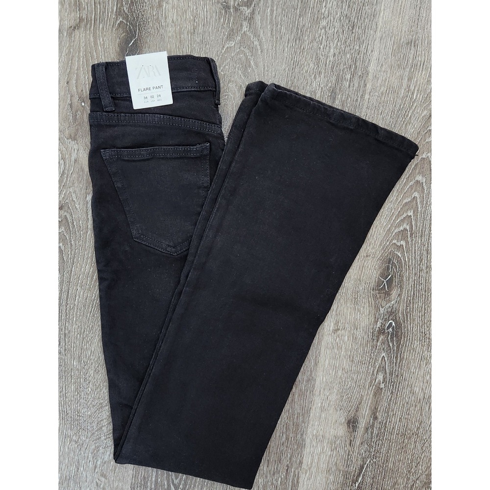 Zara Black Mid Rise Flare Pants Full Length Size 2 24 Cotton Blend Trousers